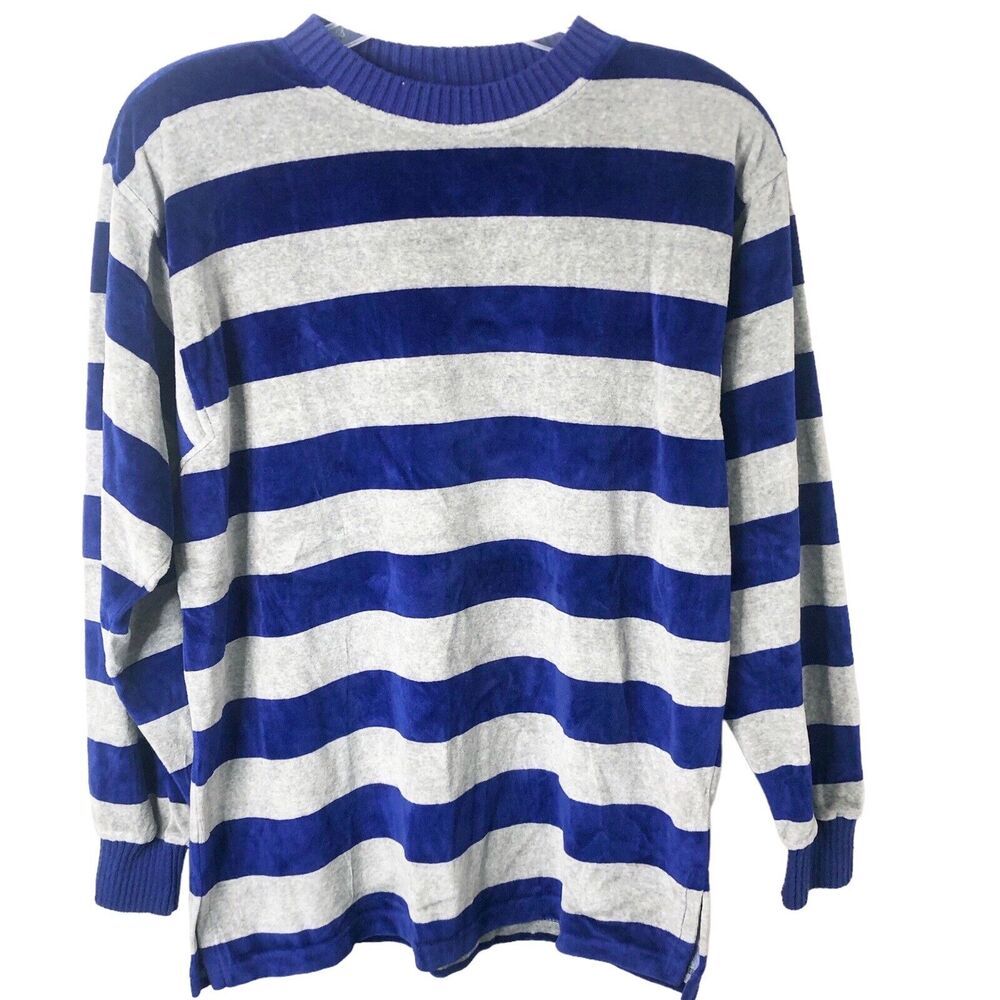 Lizsport NWT Women's Blue Gray Striped Velour Long Sleeve Top Size Small